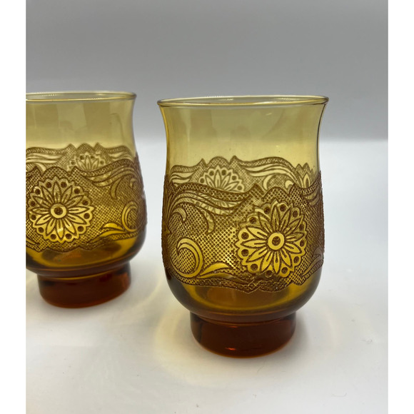 Vintage Amber Libbey Americana Lace Embossed Glass Etched Tumblers 7 Pieces MCM - Picture 5 of 10